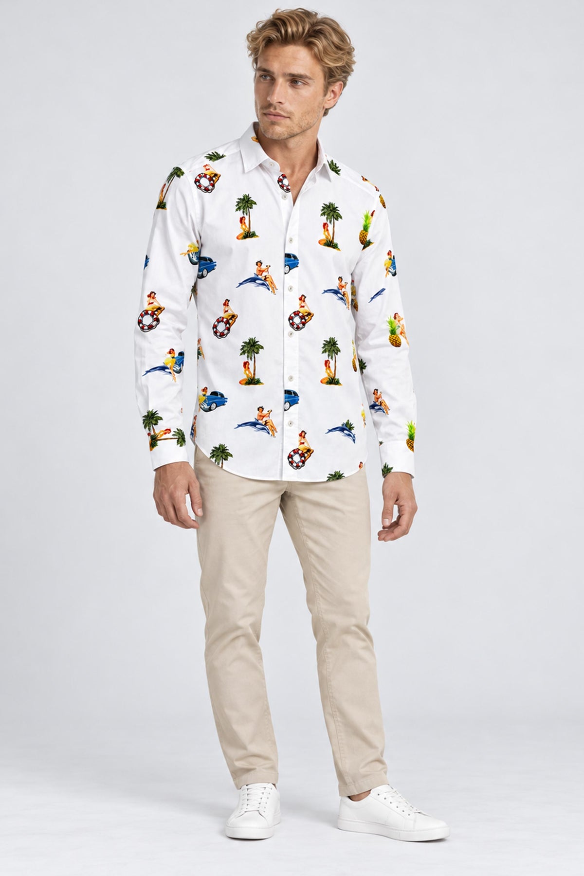 Tristan Vintage Print Long-Sleeve Cotton Shirt