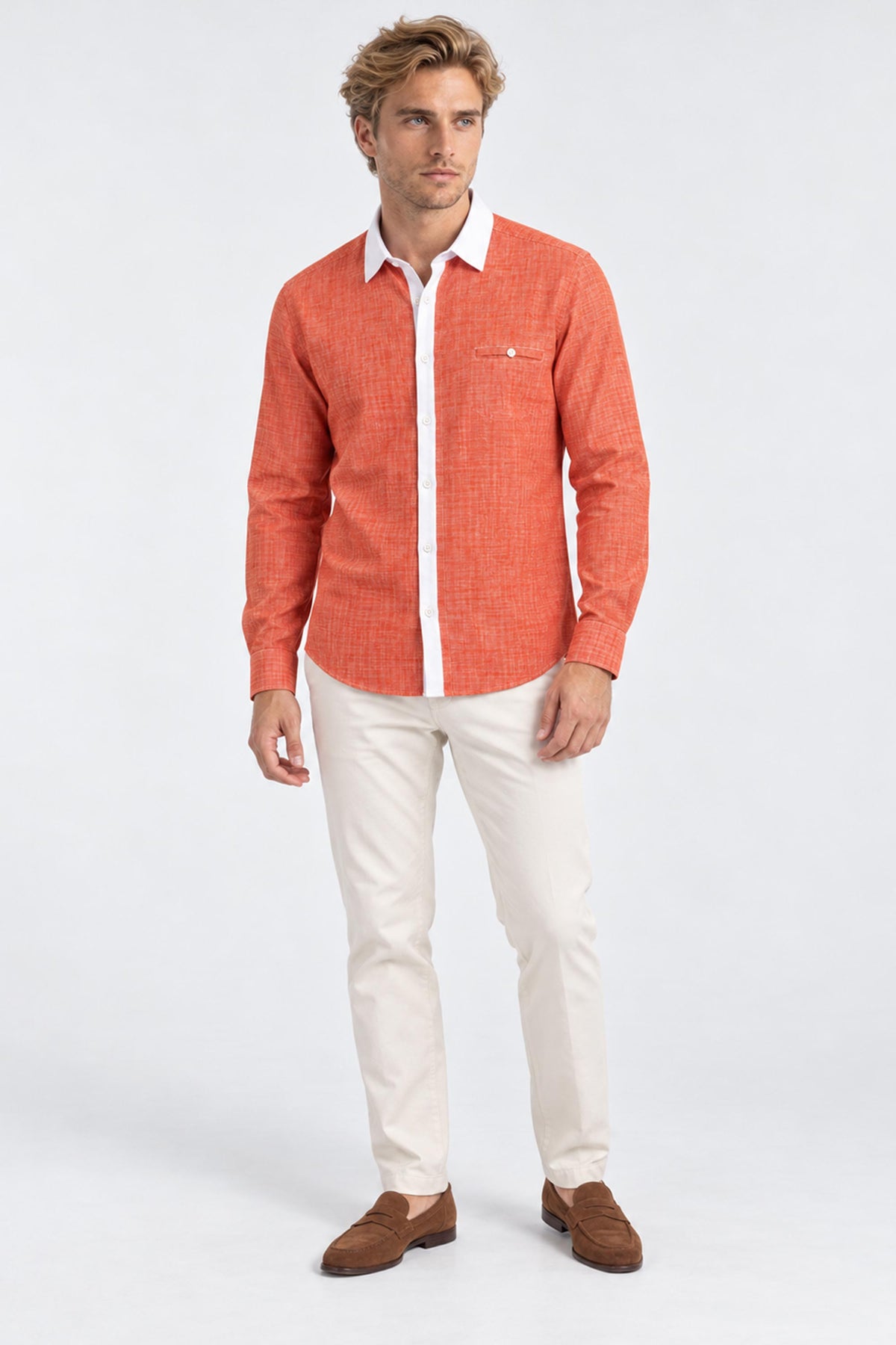 Armand Contrast Collar Long-Sleeve Pure Linen Shirt
