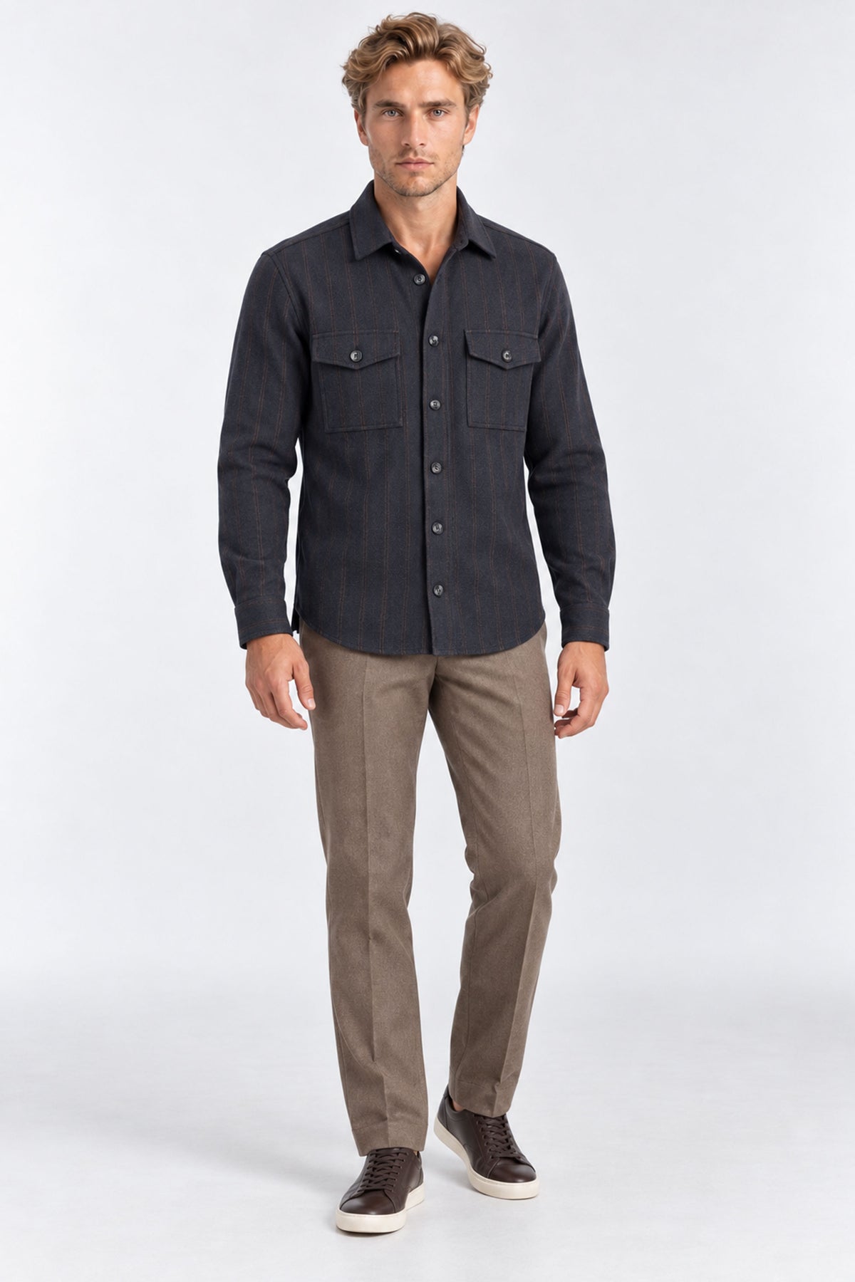 Hugo Striped Button-Down Shirt With Pocket - Navy-Brown
