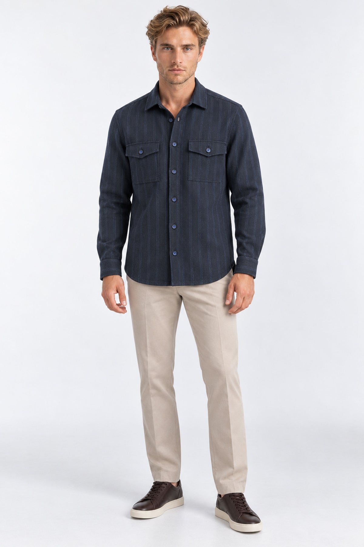 Bruno Striped Button-Down Shirt With Pocket - Navy-Blue